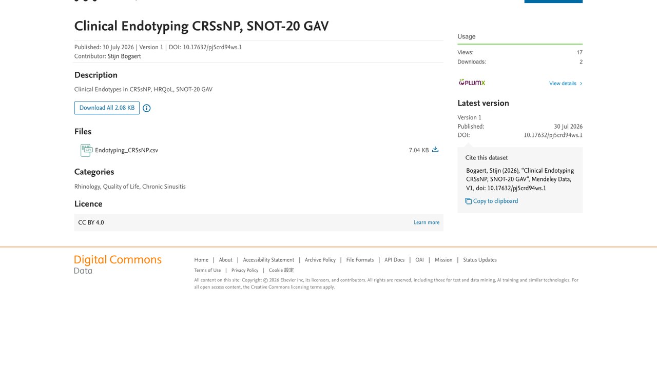 CRSsNP临床内型分型数据集(SNOT-20 GAV)