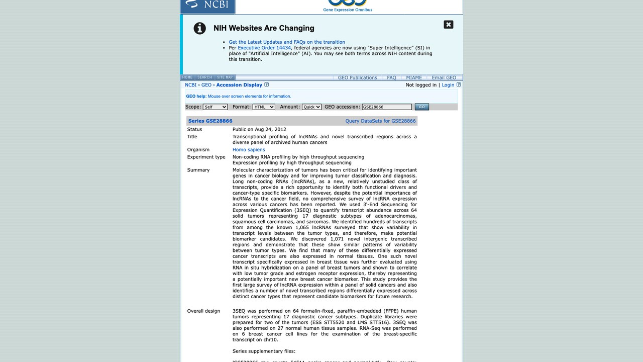 GSE28866:多种存档人类癌症中lncRNA与新型转录区域的转录谱分析