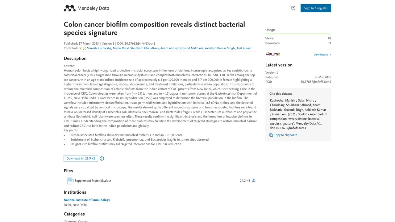 结肠癌生物膜组成揭示独特细菌物种特征