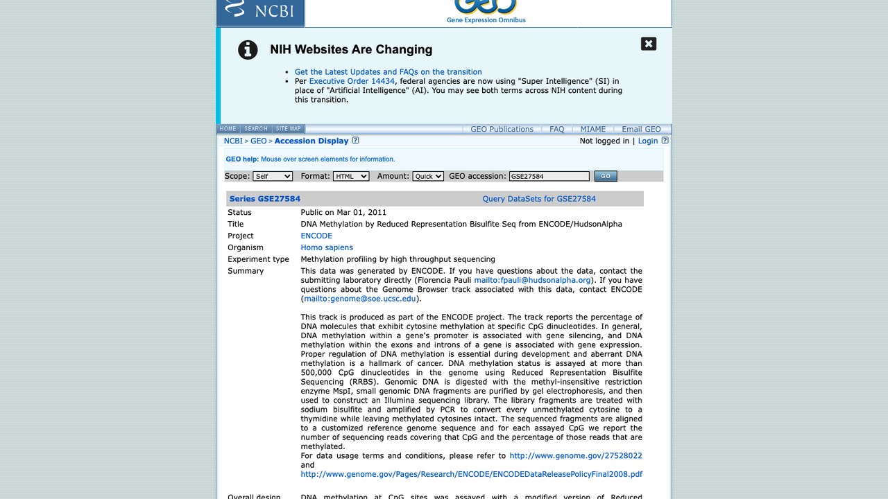 ENCODE/HudsonAlpha 简化代表性亚硫酸氢盐测序 DNA 甲基化数据集