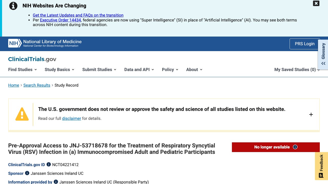 JNJ-53718678 治疗免疫功能低下成人与儿童呼吸道合胞病毒感染预批准获取计划