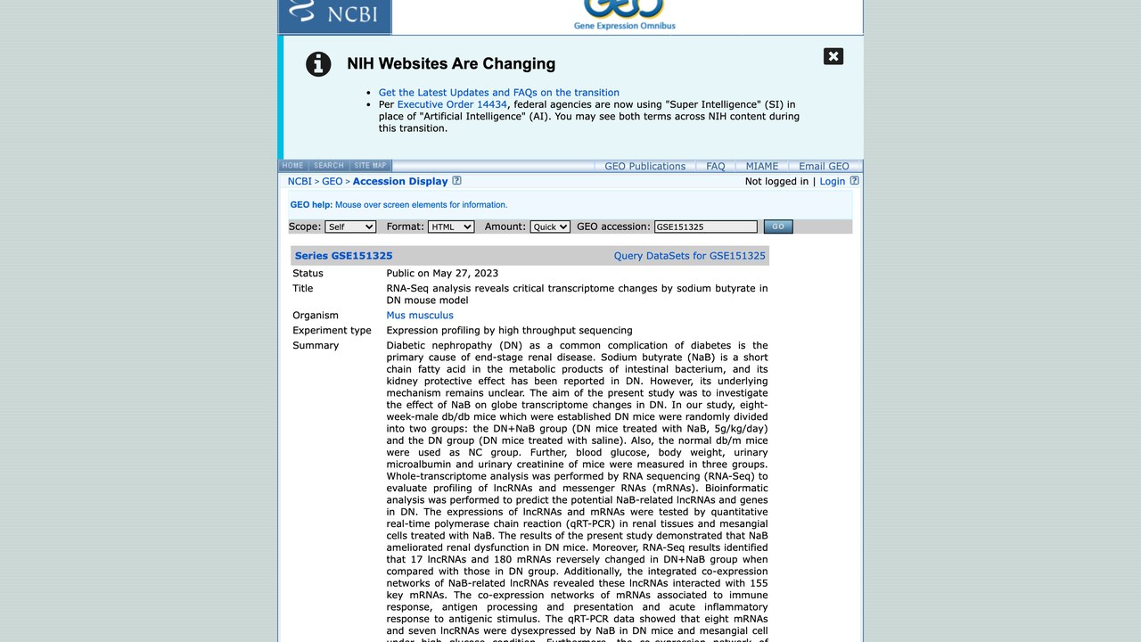 GSE151325：RNA-Seq分析揭示丁酸钠在DN小鼠模型中的关键转录组变化