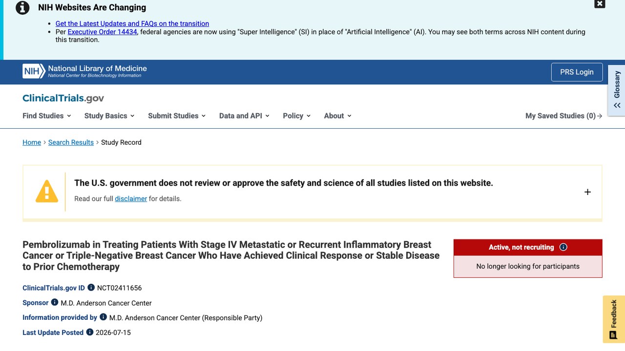 Pembrolizumab治疗IV期转移性或复发性炎性乳腺癌或三阴性乳腺癌对既往化疗达临床缓解或疾病稳定的患者
