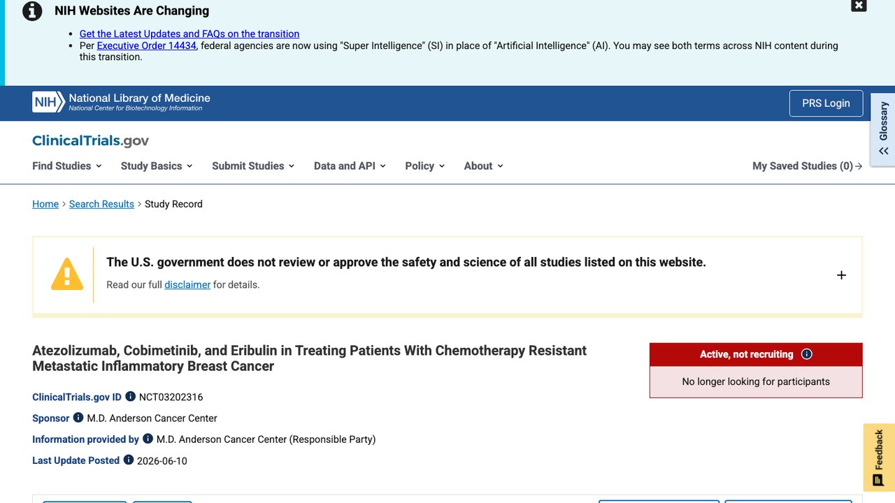 Atezolizumab、Cobimetinib与Eribulin治疗化疗耐药转移性炎性乳腺癌