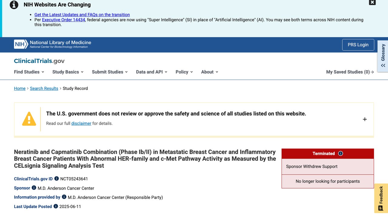 Neratinib联合Capmatinib治疗转移性乳腺癌及炎性乳腺癌的Ib/II期研究