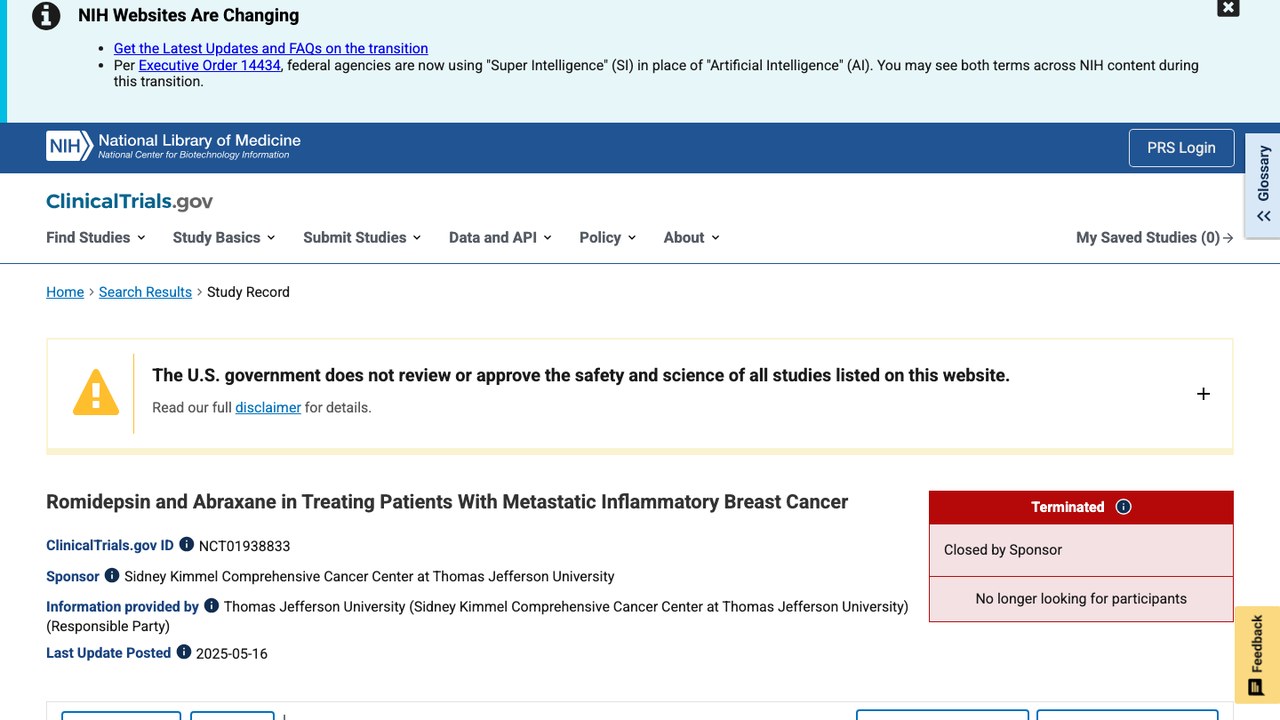 Romidepsin联合Abraxane治疗转移性炎性乳腺癌研究