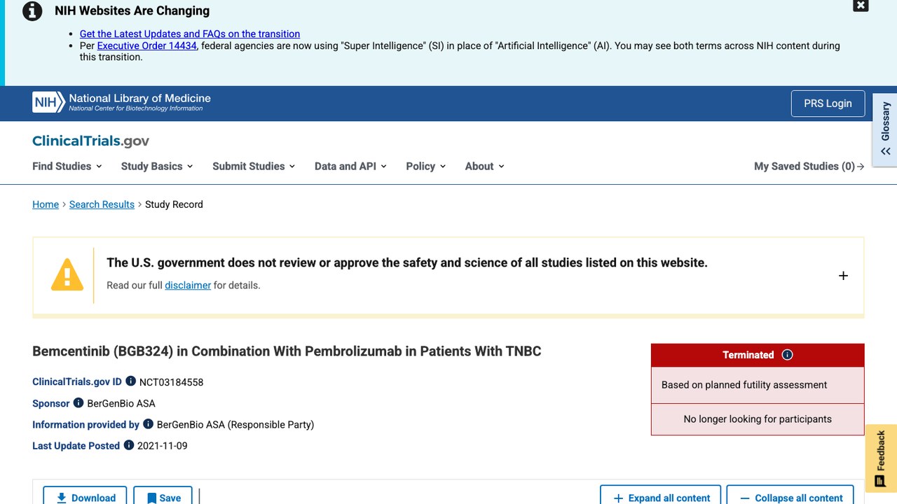 Bemcentinib (BGB324) 联合 Pembrolizumab 治疗 TNBC 患者研究