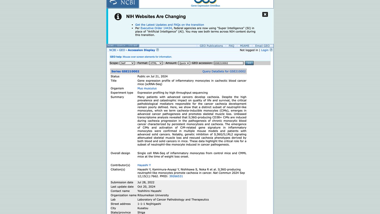 恶病质血液肿瘤小鼠炎性单核细胞基因表达谱（scRNA-Seq）