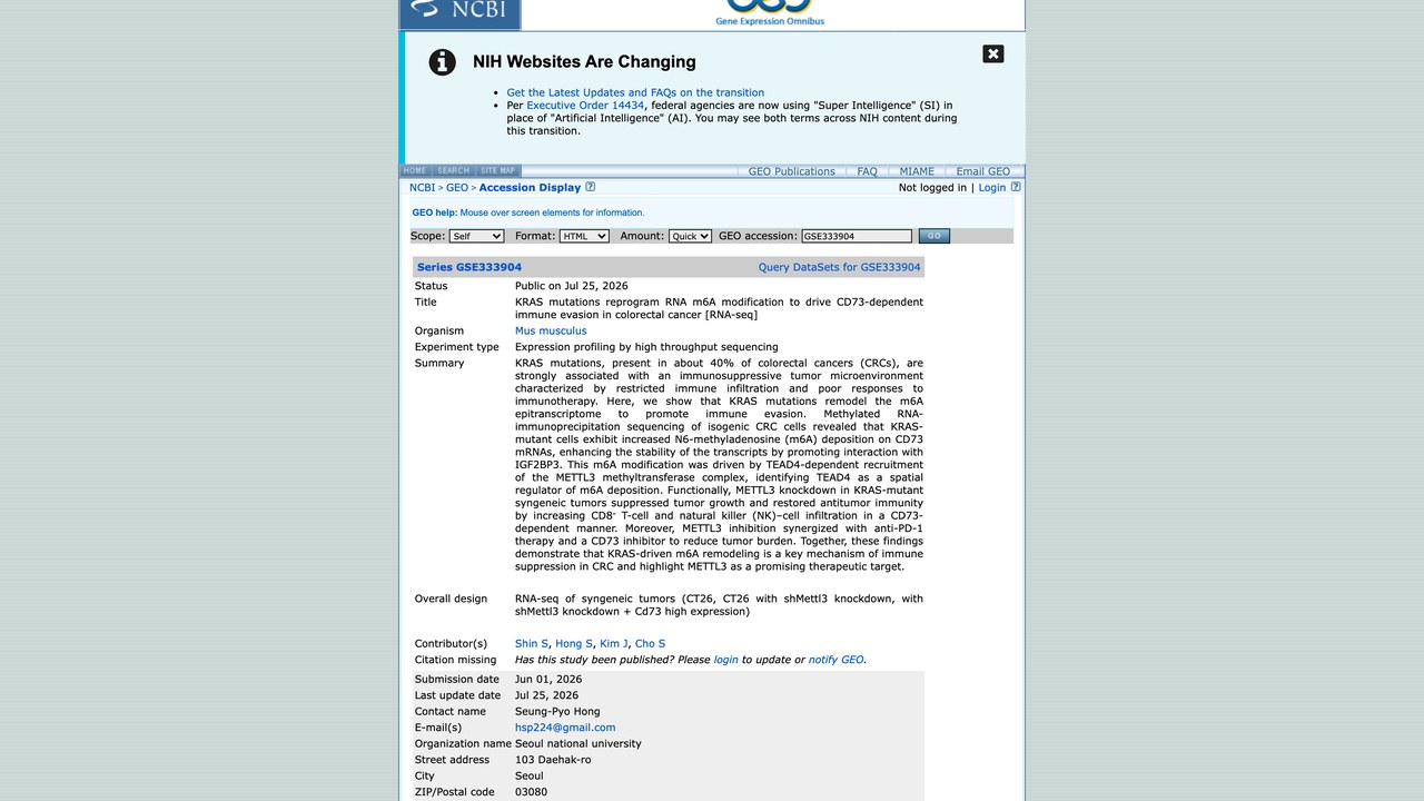KRAS突变重编程RNA m6A修饰驱动结直肠癌CD73依赖免疫逃逸[RNA-seq]
