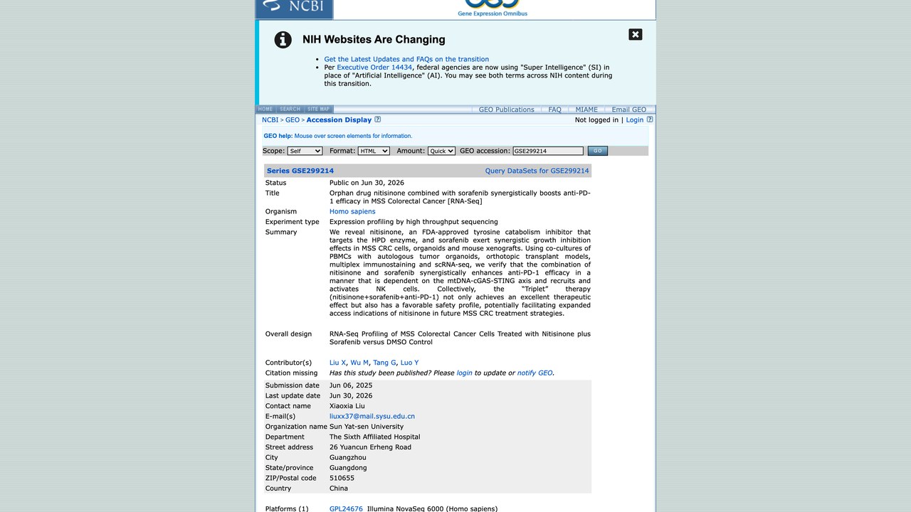 孤儿药nitisinone联合sorafenib协同增强MSS结直肠癌抗PD-1疗效[RNA-Seq]