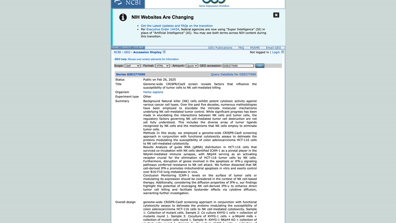 全基因组CRISPR/Cas9筛选揭示影响肿瘤细胞对NK细胞杀伤敏感性的因素