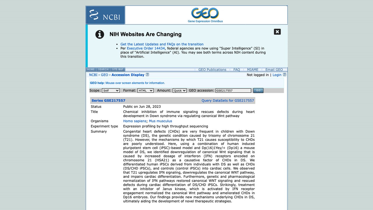 GSE217557:化学抑制免疫信号通过调控经典Wnt通路挽救唐氏综合征心脏发育缺陷