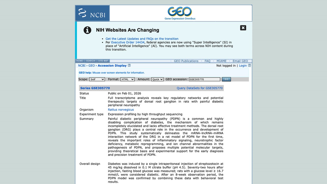GSE305770:全转录组分析揭示痛性糖尿病周围神经病变大鼠背根神经节的关键调控网络和潜在治疗靶点