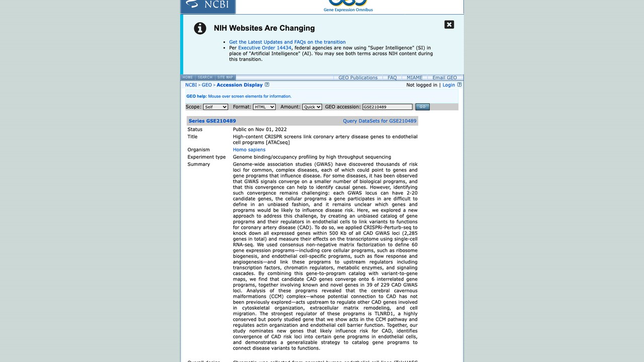高内涵CRISPR筛选关联冠状动脉疾病基因与内皮细胞程序[ATACseq]