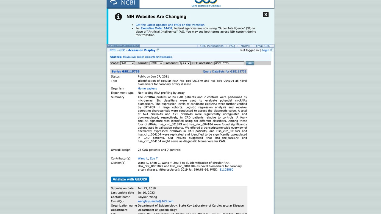 环状RNA hsa_circ_001879和hsa_circ_004104作为冠状动脉疾病新型生物标志物的鉴定