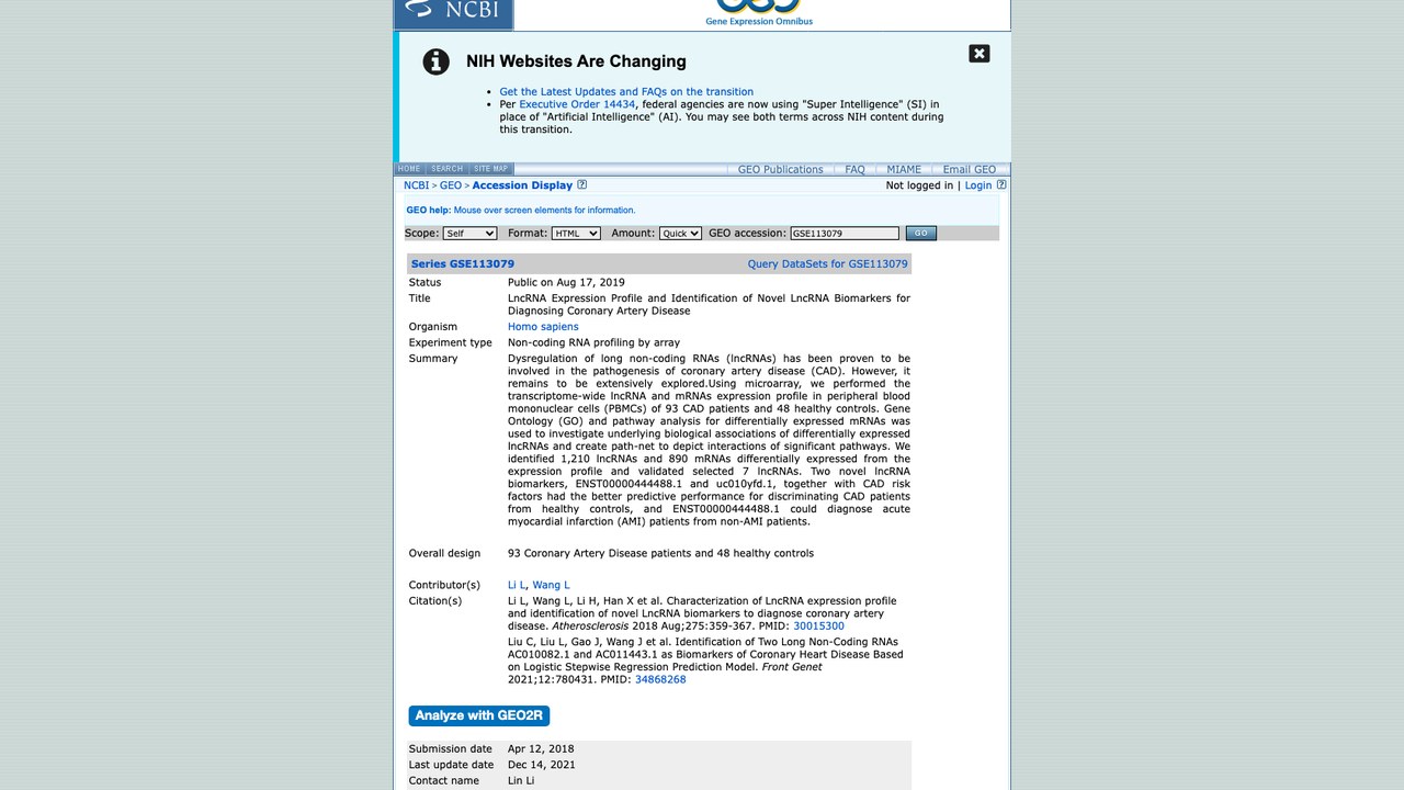 GSE113079:LncRNA表达谱及用于诊断冠状动脉疾病的新型LncRNA生物标志物鉴定
