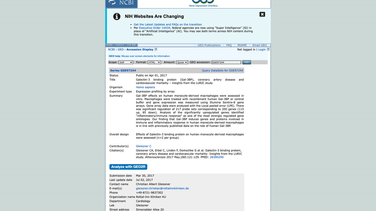 GSE97244:Galectin-3结合蛋白与冠状动脉疾病及心血管死亡率的LURIC研究