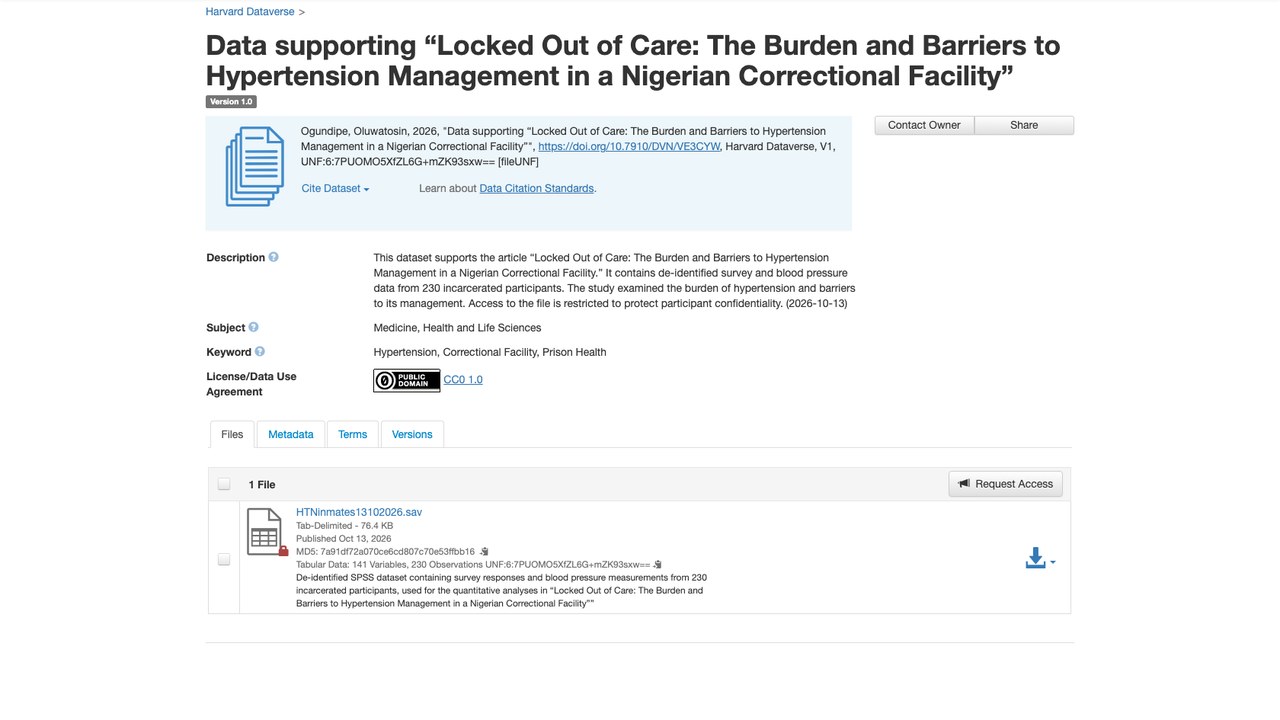 支持“Locked Out of Care:尼日利亚某惩教机构高血压管理负担与障碍”的数据