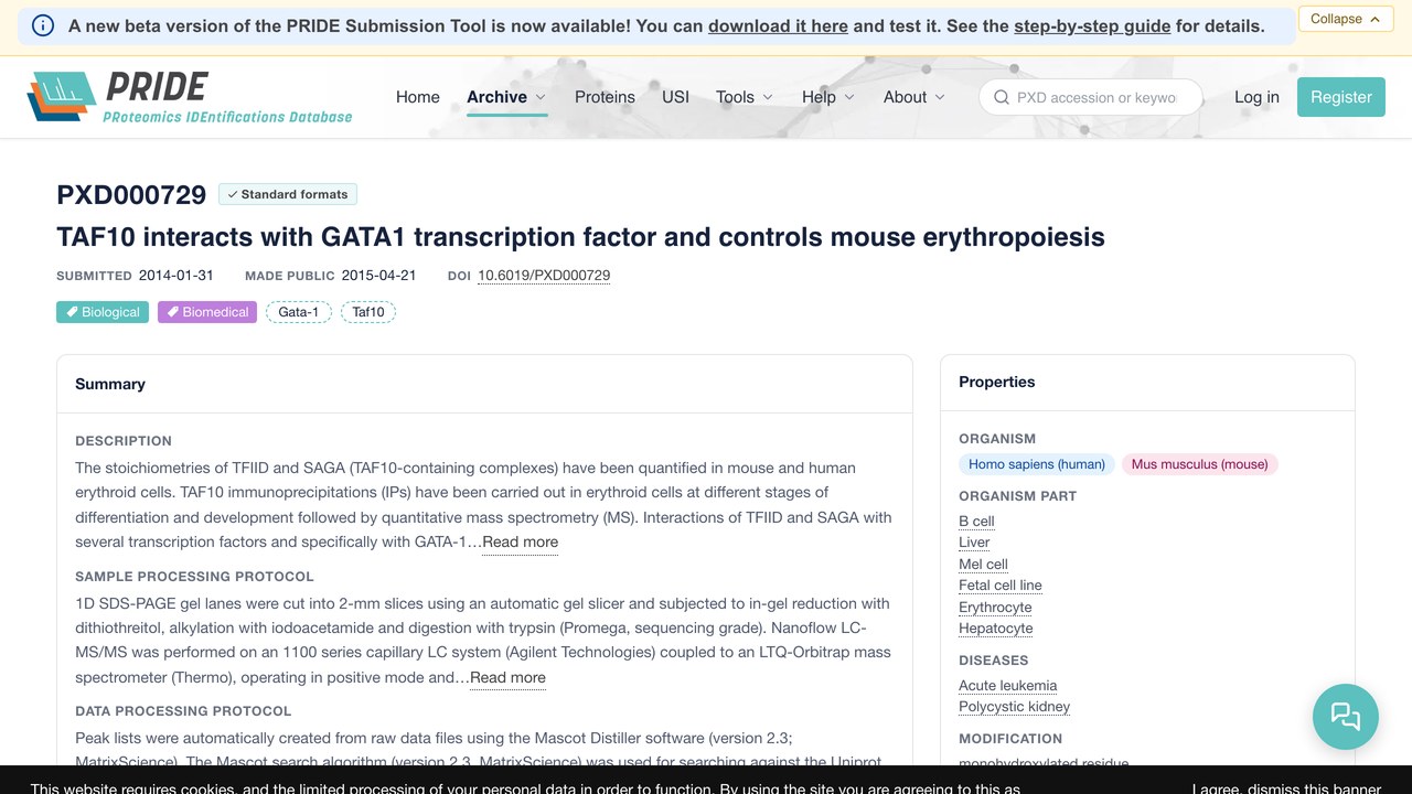 PXD000729:TAF10与GATA1转录因子相互作用并调控小鼠红细胞生成