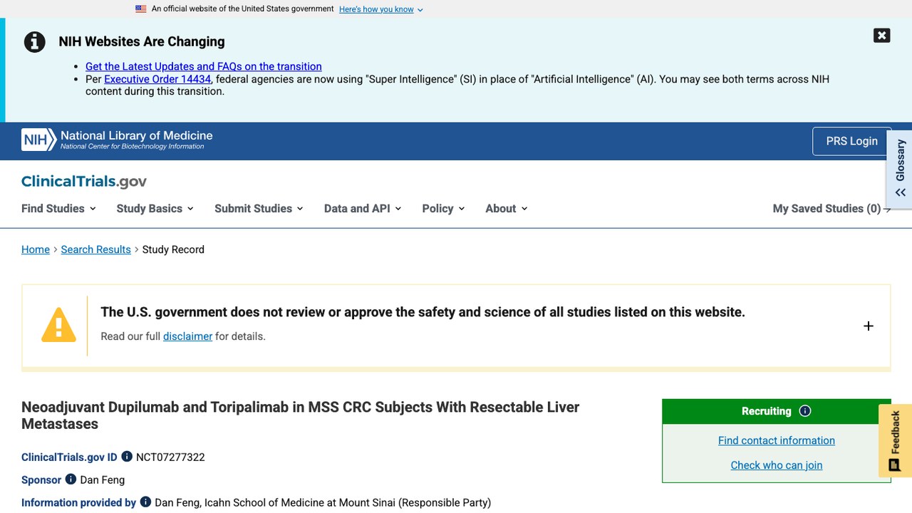新辅助Dupilumab联合Toripalimab治疗可切除肝转移的MSS结直肠癌研究