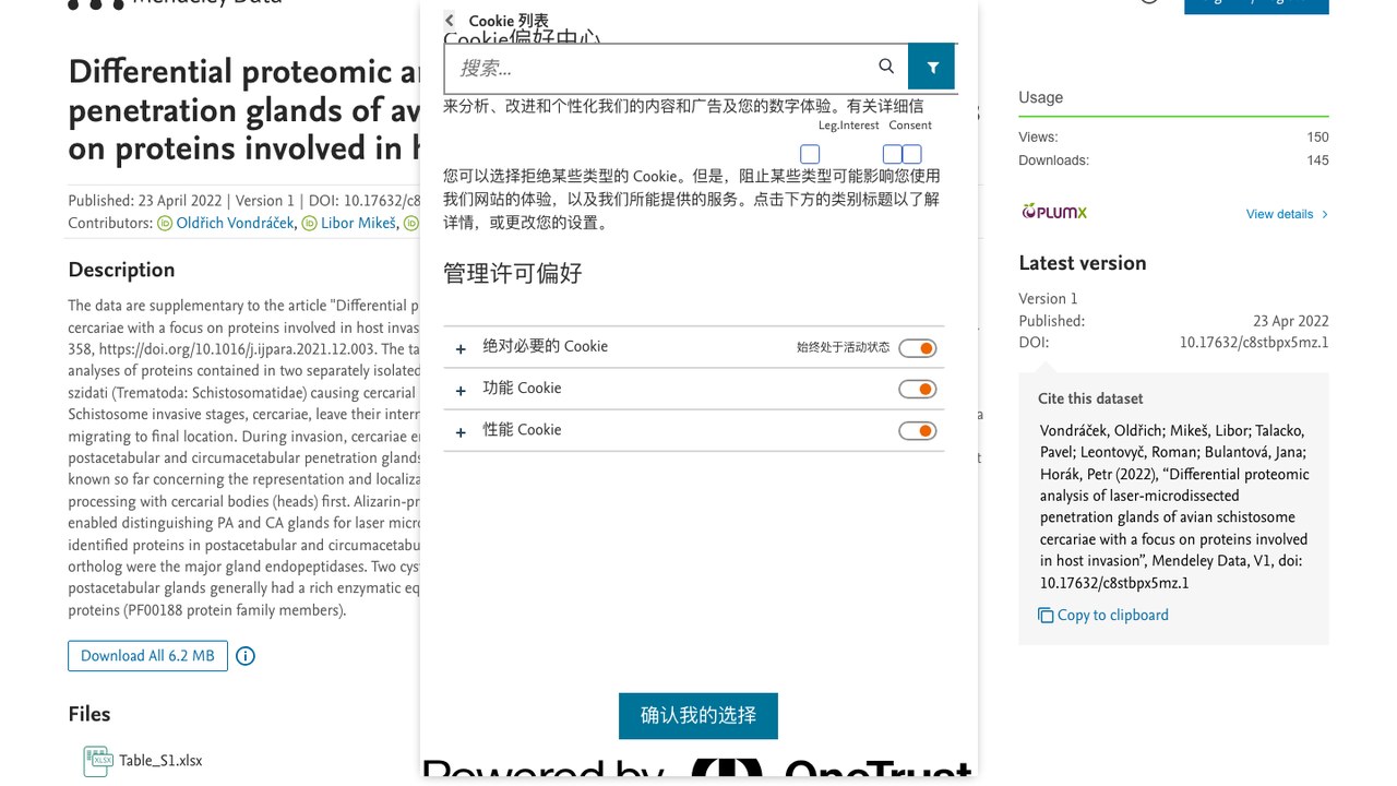 禽类血吸虫尾蚴穿透腺激光显微切割差异蛋白质组分析数据