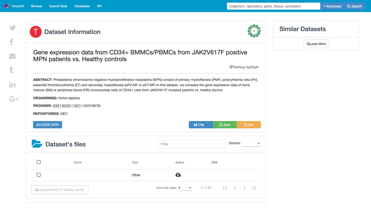 JAK2V617F阳性MPN患者与健康对照的CD34+ BMMCs/PBMCs基因表达数据