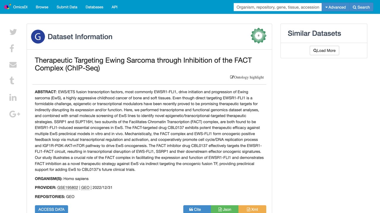 通过抑制FACT复合物靶向治疗尤文肉瘤的ChIP-Seq数据集