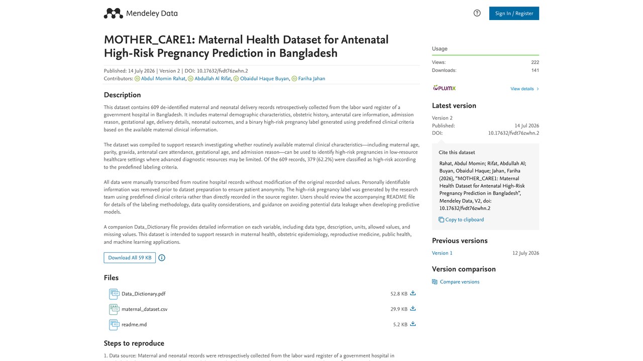 MOTHER_CARE1：孟加拉国产前高危妊娠预测孕产妇健康数据集