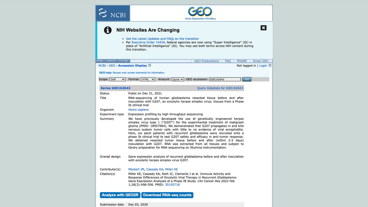 G207溶瘤单纯疱疹病毒接种前后人胶质母细胞瘤切除组织的RNA测序（Ib期临床试验）