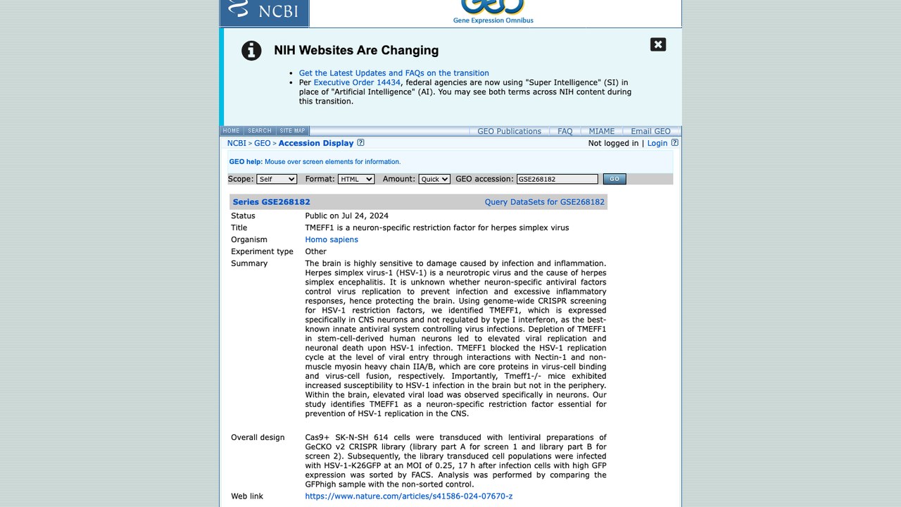 GSE268182: TMEFF1 is a neuron-specific restriction factor for herpes simplex virus