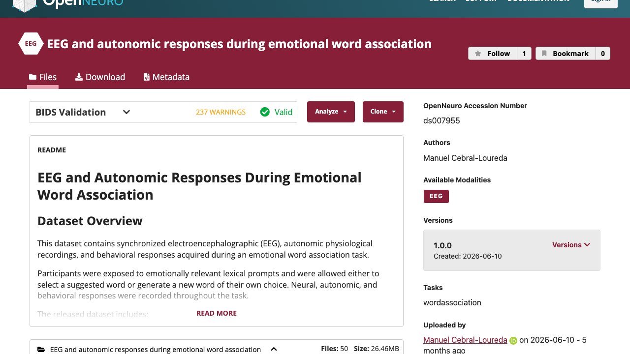 情绪词汇联想任务中的EEG与自主神经反应数据集