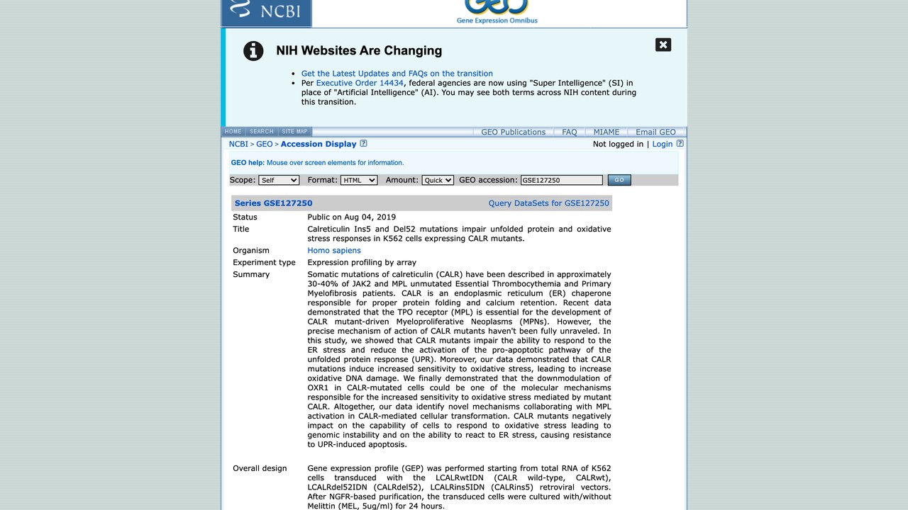 GSE127250:CALR Ins5与Del52突变损害表达CALR突变体的K562细胞的未折叠蛋白与氧化应激反应