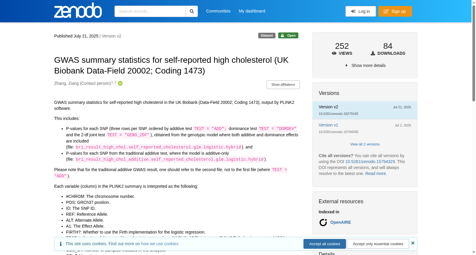 英国生物银行自报高胆固醇GWAS汇总统计数据(数据字段20002;编码1473)