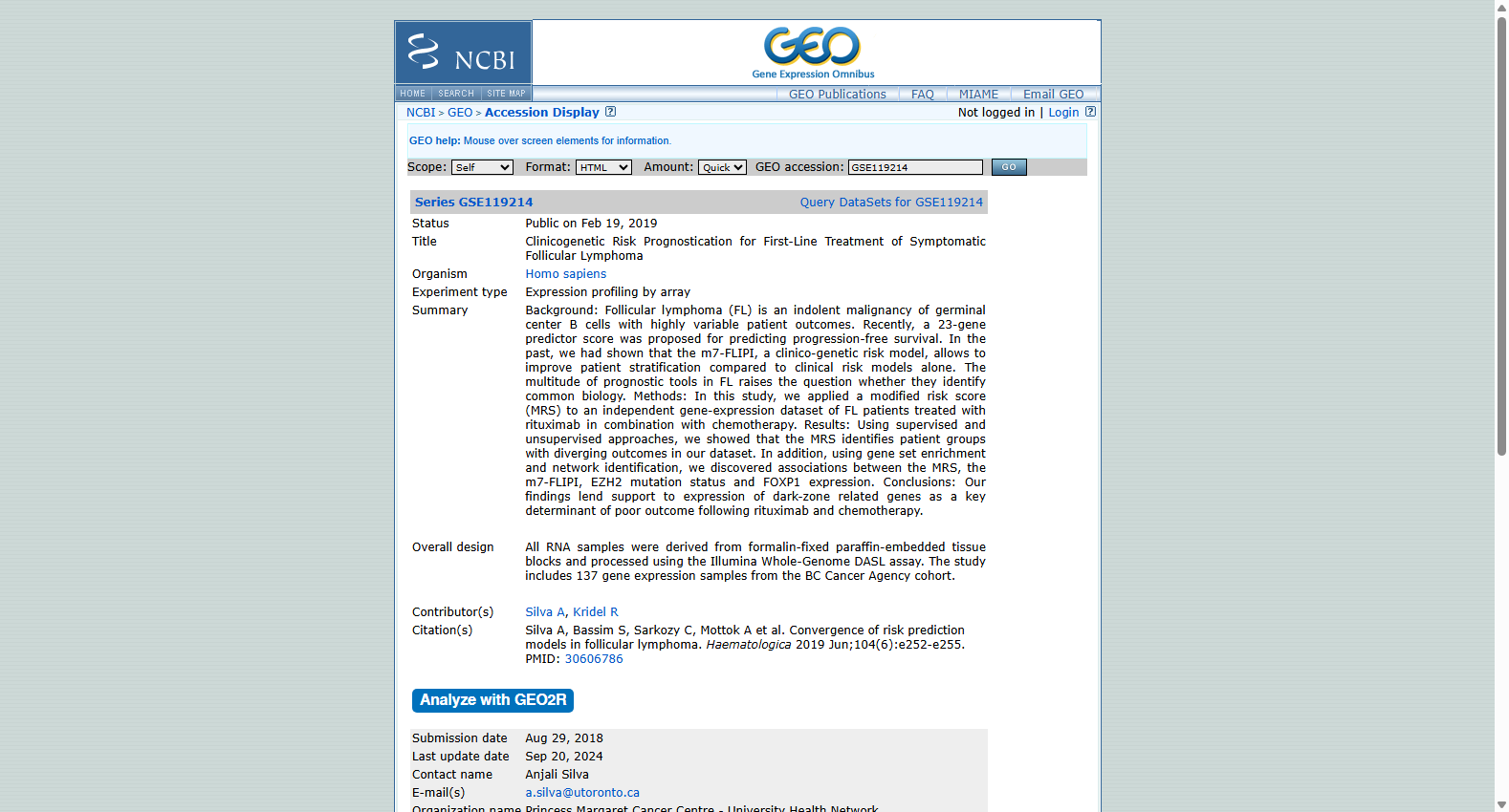 GSE119214 Follicular Lymphoma Prognostic Expression Dataset
