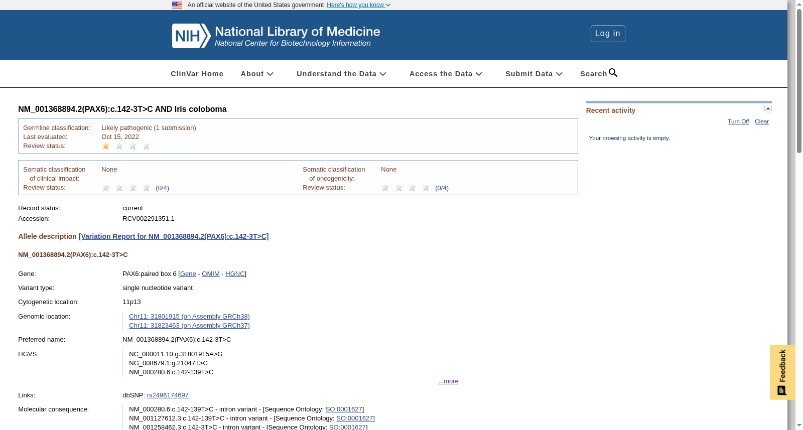 PAX6虹膜缺损ClinVar记录