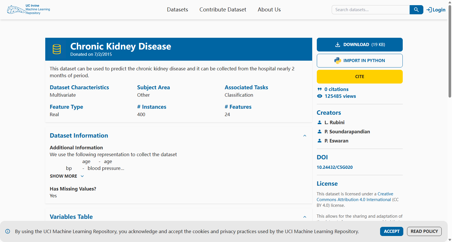 UCI Chronic Kidney Disease Dataset