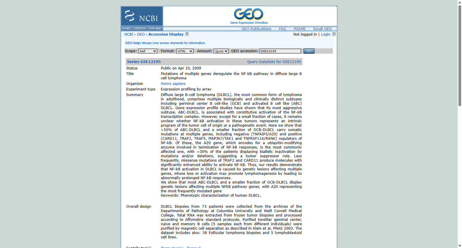 GSE12195 Follicular Lymphoma and DLBCL Expression Dataset