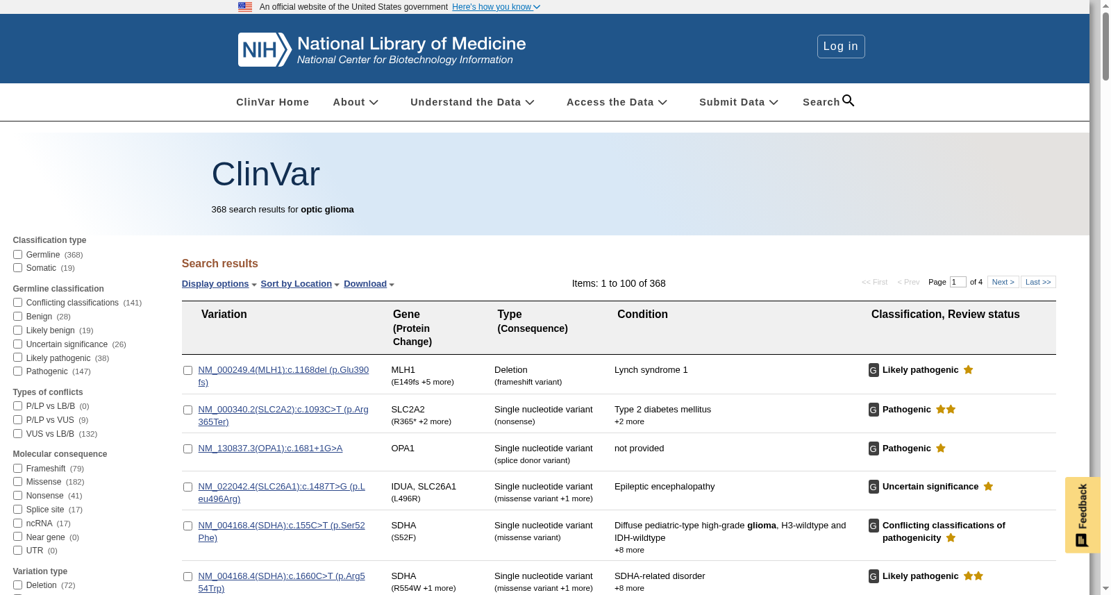 ClinVar Optic Glioma Records