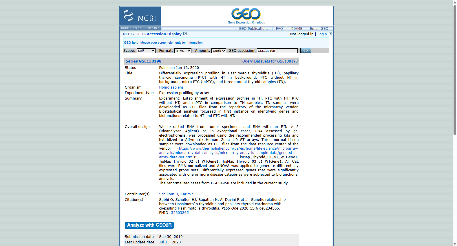 GSE138198 PTC and Hashimoto thyroiditis expression