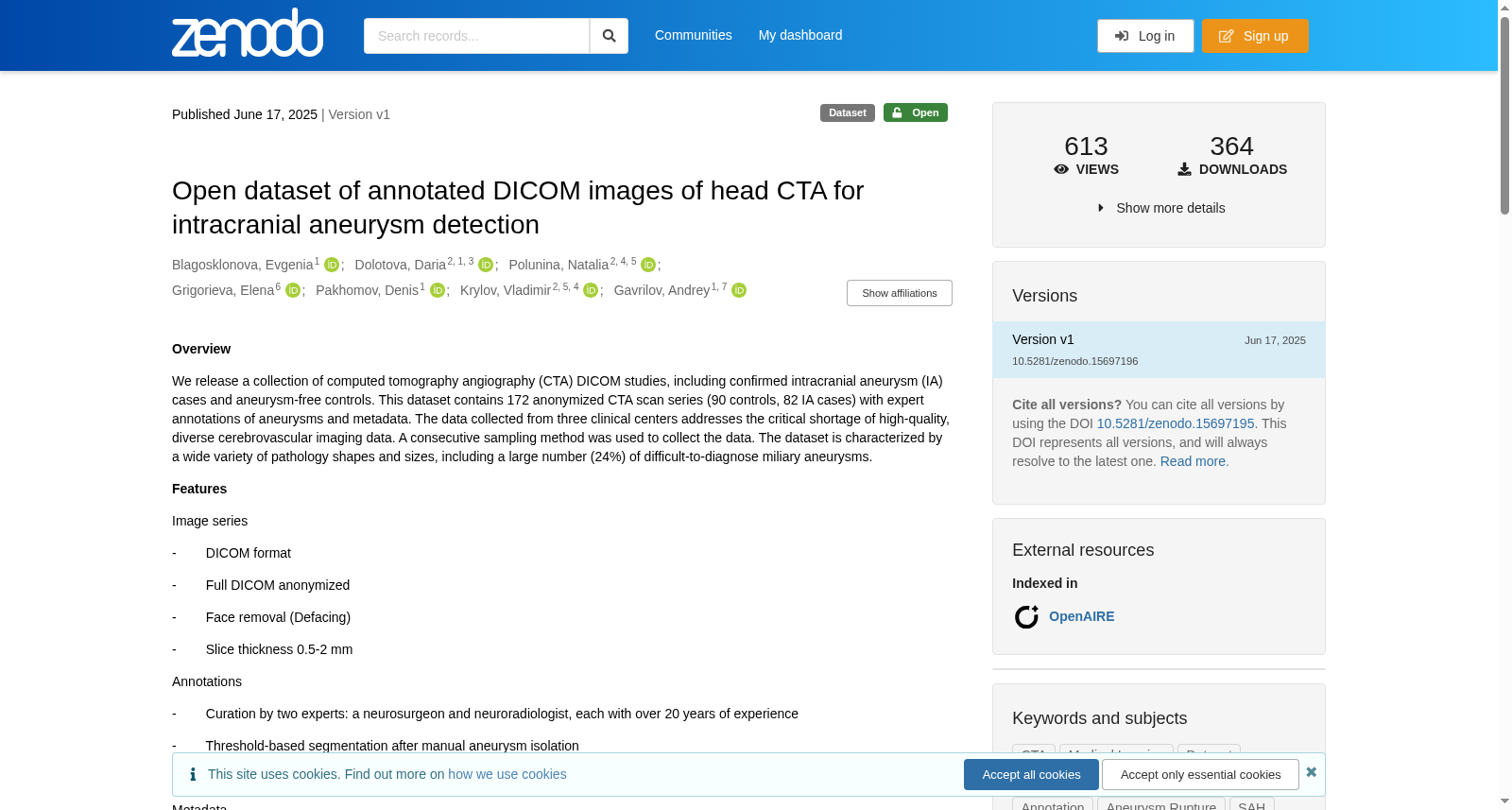 用于颅内动脉瘤检测的头部CTA DICOM图像标注开放数据集