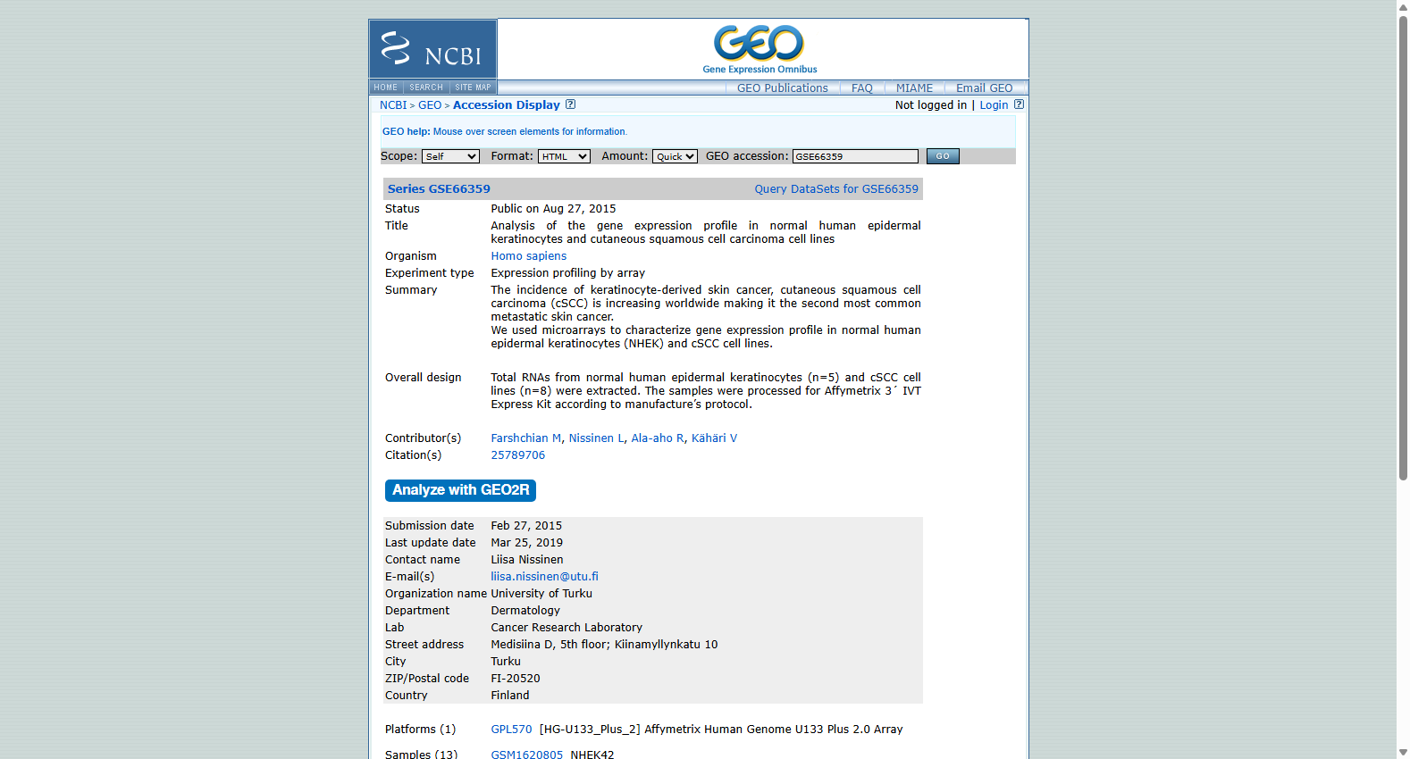 GSE66359 Gene Expression Profile in Normal Keratinocytes and Cutaneous Squamous Cell Carcinoma Cell Lines