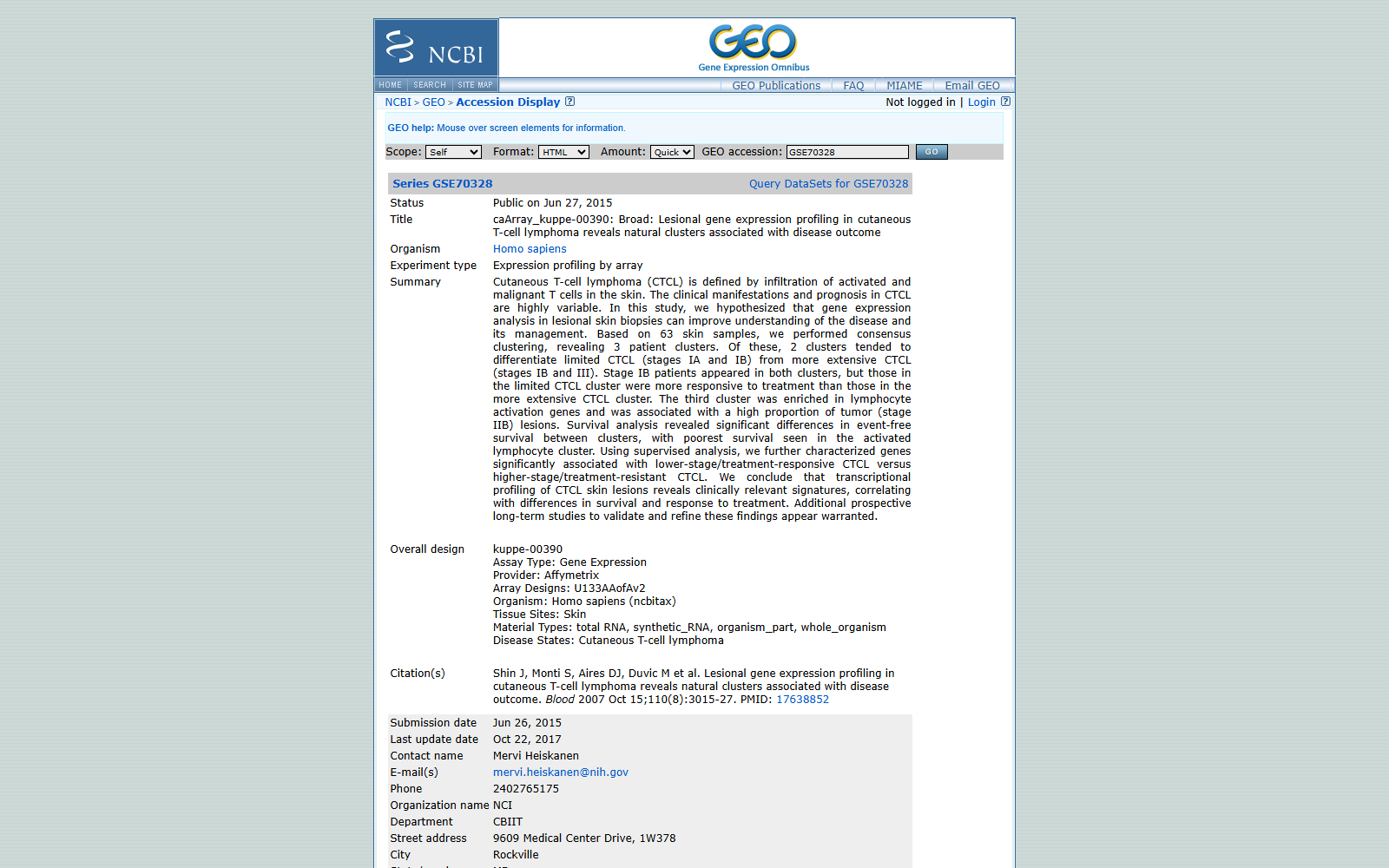 GSE70328 Lesional gene expression profiling in cutaneous T-cell lymphoma reveals natural clusters associated with disease outcome