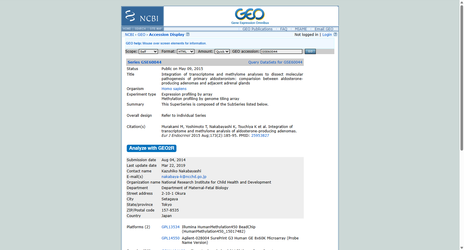 Aldosterone-producing adenoma expression profile GSE60044