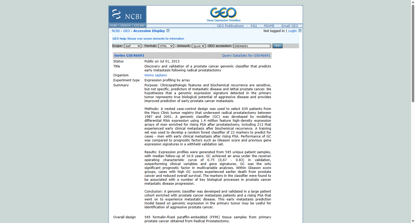GSE46691 Prostate Cancer Metastasis and Biochemical Recurrence Expression Dataset