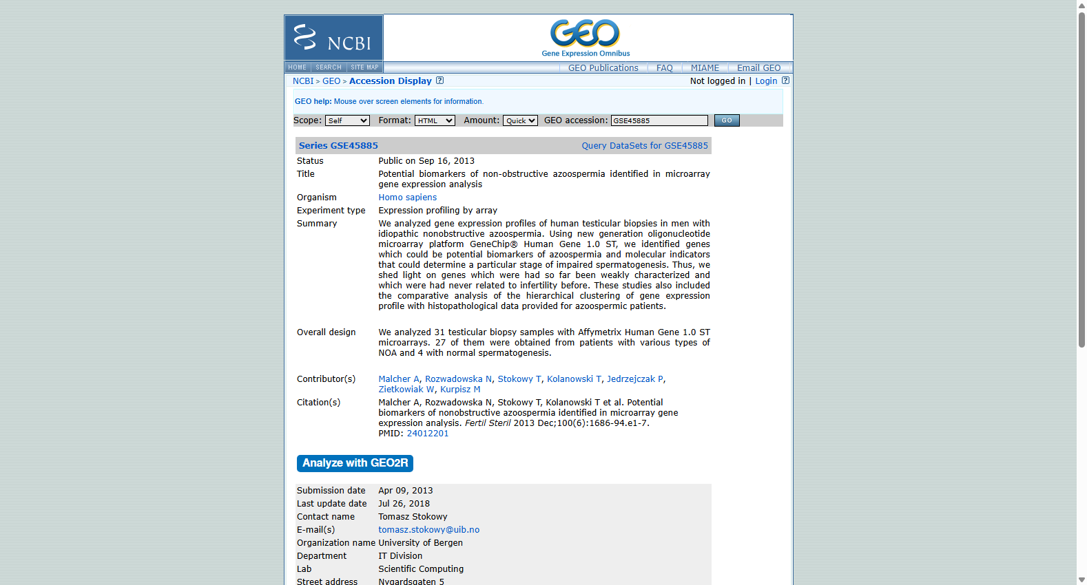 GSE45885 Sperm DNA Damage Expression Dataset