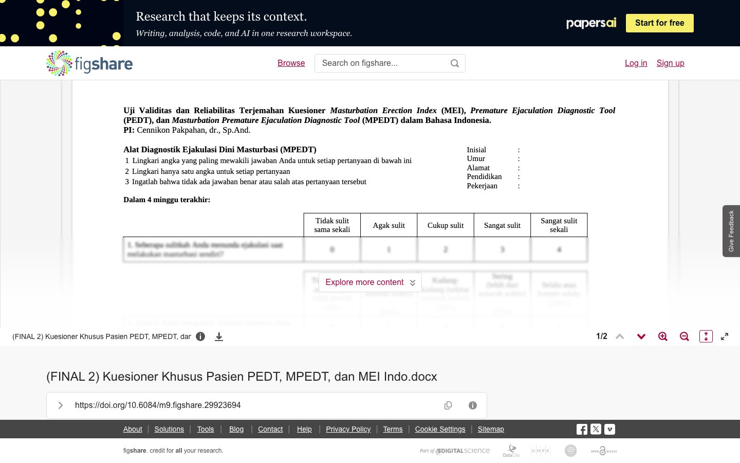 PEDT、MPEDT和MEI患者专用问卷(最终版2)印尼语版