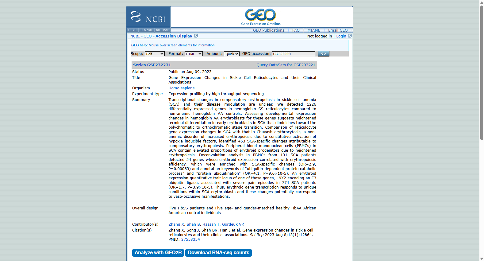 GSE232221 Sickle Cell Reticulocyte RNA-seq Dataset
