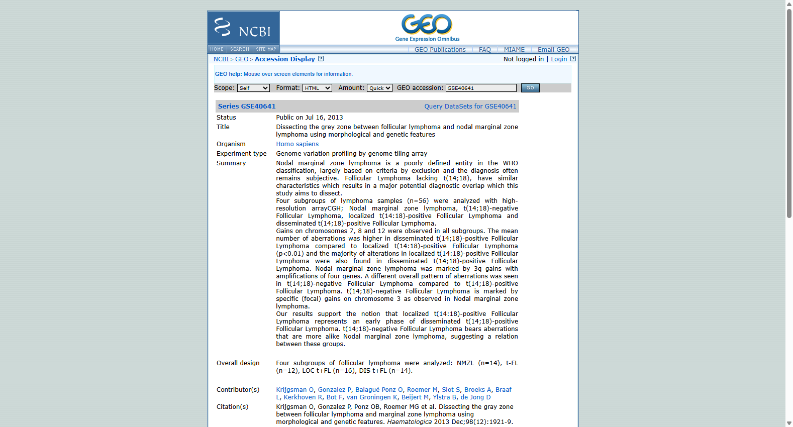 GSE40641 Dissecting the grey zone between follicular lymphoma and nodal marginal zone lymphoma