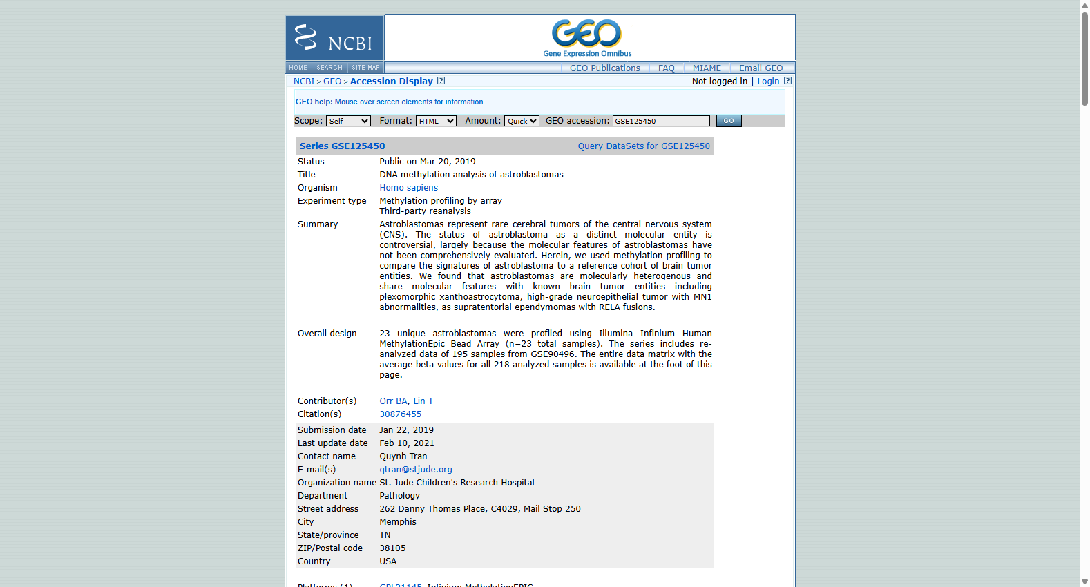 GSE125450 Ganglioglioma-Related DNA Methylation Dataset