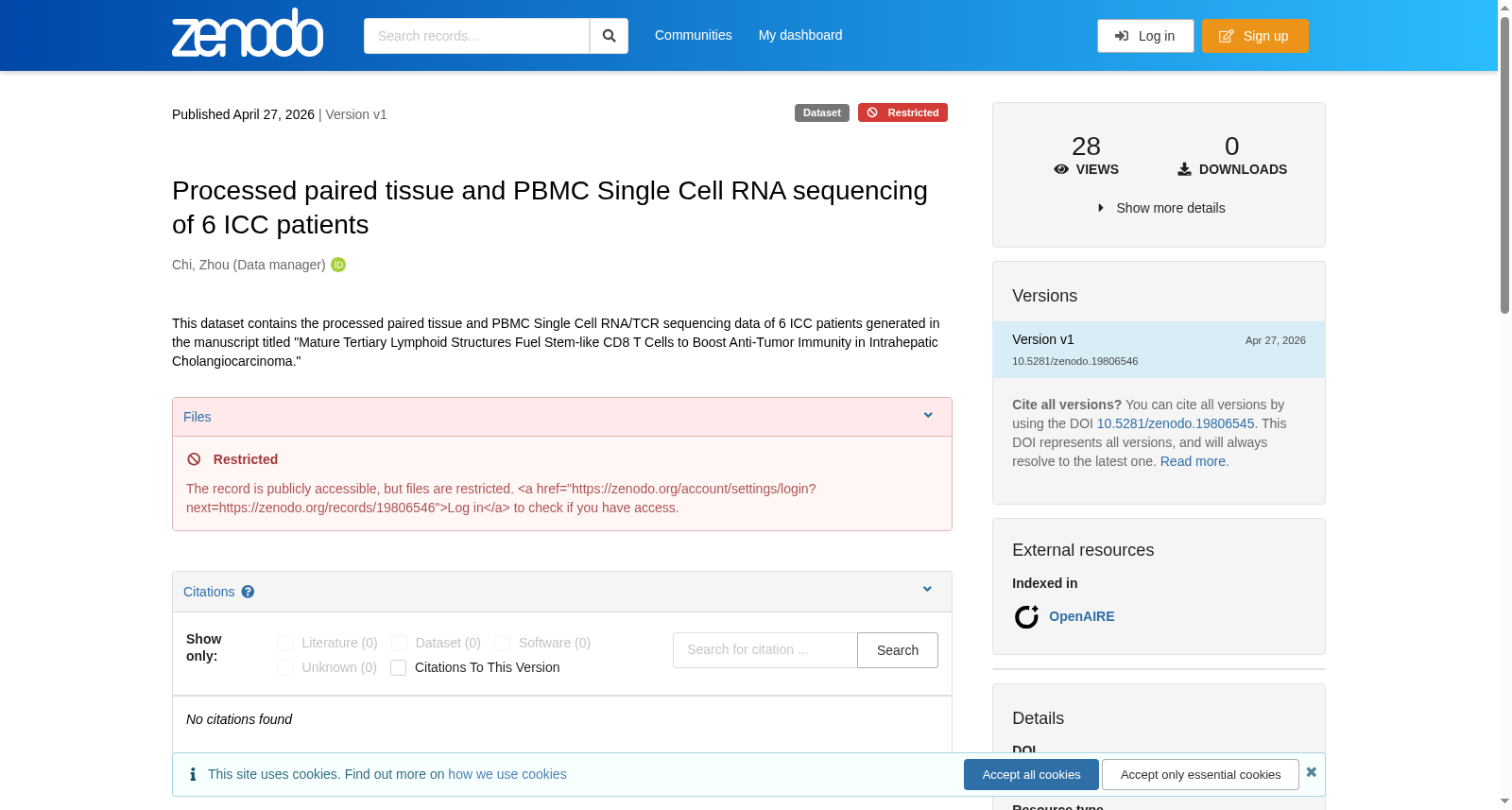 6例肝内胆管癌患者配对组织与外周血单核细胞单细胞RNA/TCR测序数据集